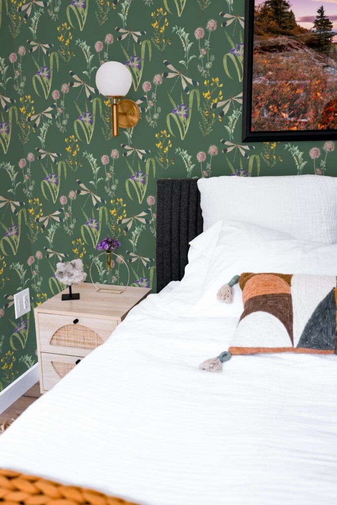 Modern style bedroom decorated with Dragonfly garden peel and stick wallpaper