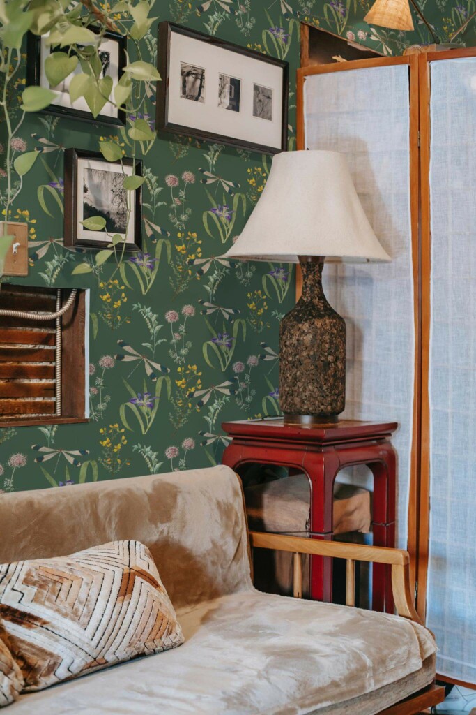 Southwestern style living room decorated with Dragonfly garden peel and stick wallpaper