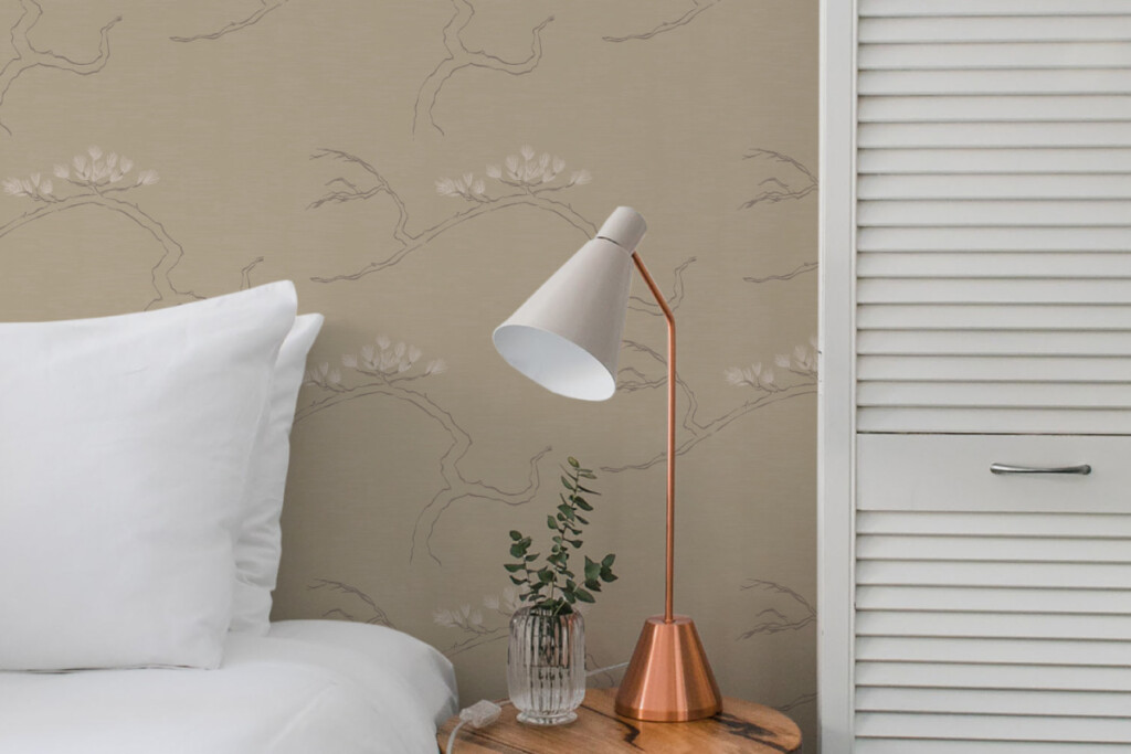 Cream Branching Bonsai design on peel and stick wallpaper on bedroom wall - Fancy Walls & Dream Green DIY collection