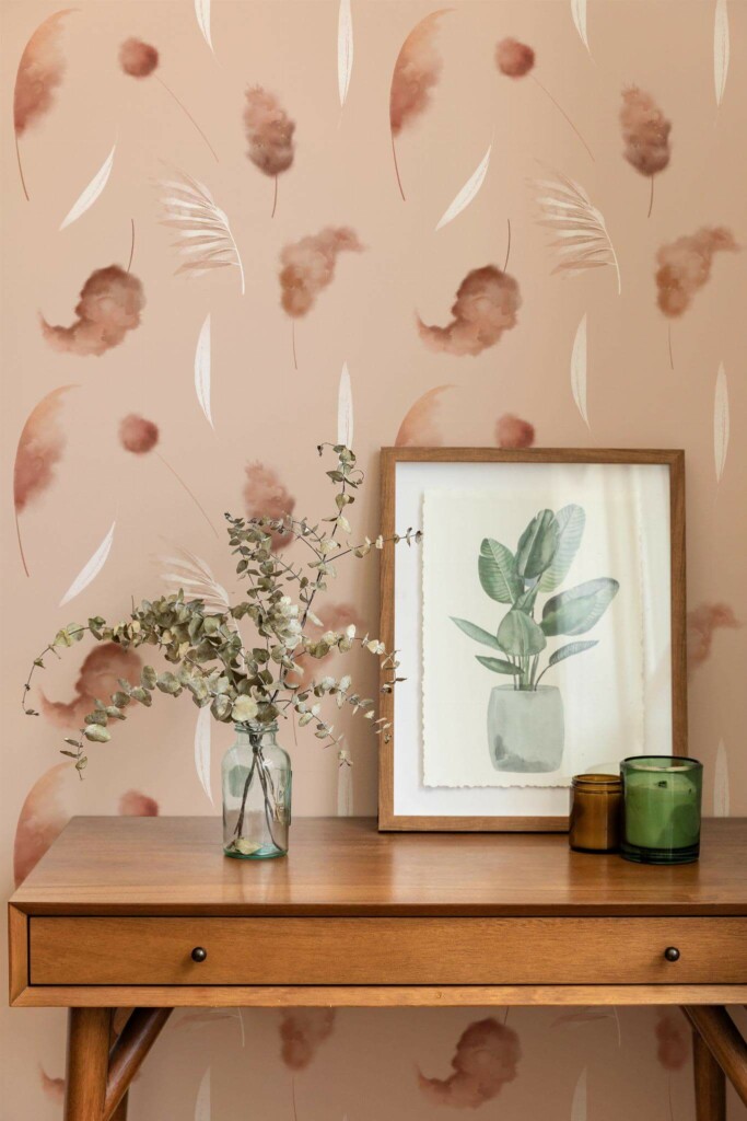 Mid-century modern style living room decorated with Dreamy boho leaf peel and stick wallpaper