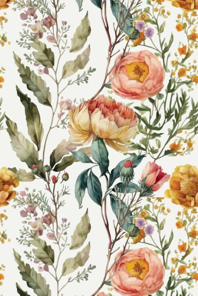 Pattern repeat of Dreamy Botanical Beauty Salon removable wallpaper design