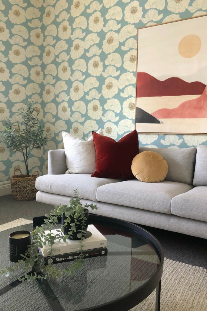 Boho style living room decorated with Dreamy floral peel and stick wallpaper