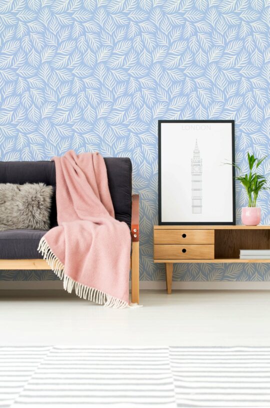 Blue and white seamless leaf wallpaper for walls