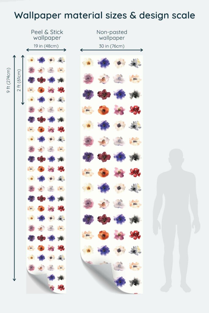 Size comparison of Dreamy Petals Beauty Salon Peel & Stick and Non-pasted wallpapers with design scale relative to human figure