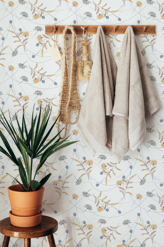 Boho style bathroom decorated with Dreamy wildflower peel and stick wallpaper