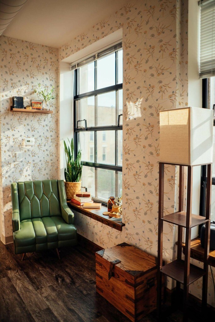 Mid-century style living room decorated with Dreamy wildflower peel and stick wallpaper