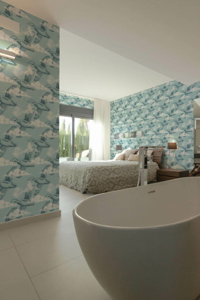 Modern style bedroom with open bathroom decorated with Ducks in the sky peel and stick wallpaper