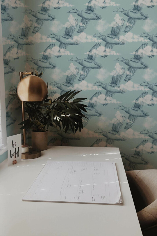 Rustic style home office decorated with Ducks in the sky peel and stick wallpaper