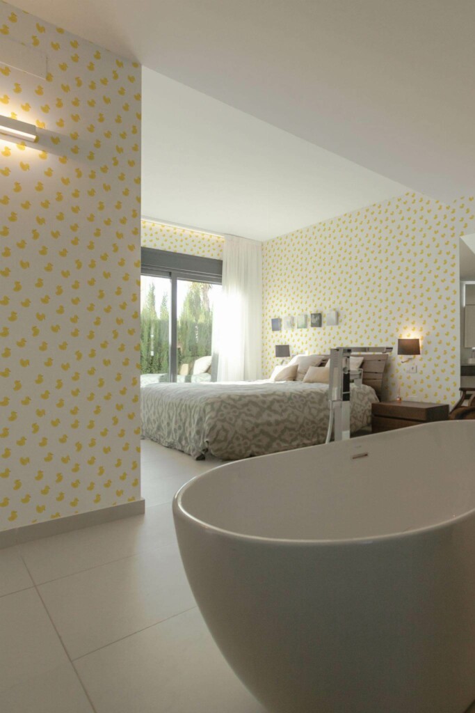Modern style bedroom with open bathroom decorated with Ducks peel and stick wallpaper
