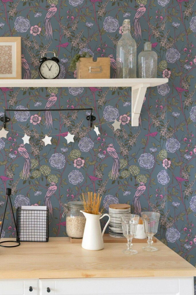 Light farmhouse style kitchen decorated with Dusty blue peonies peel and stick wallpaper