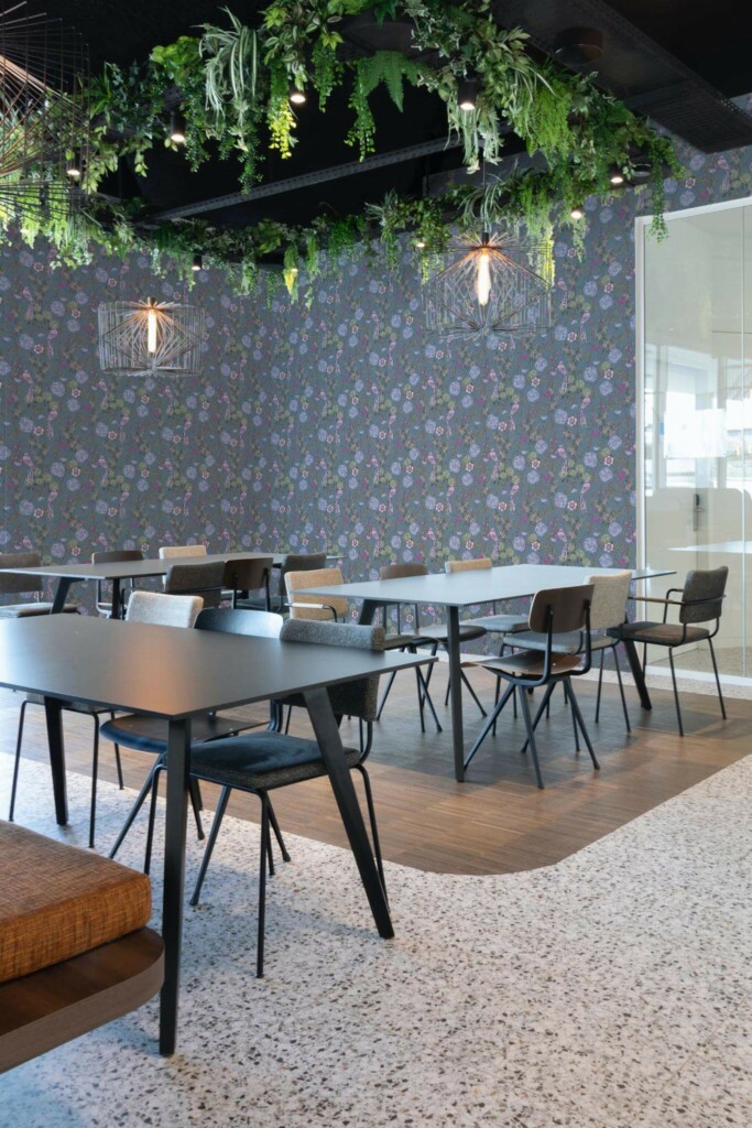 Modern style cafe decorated with Dusty blue peonies peel and stick wallpaper