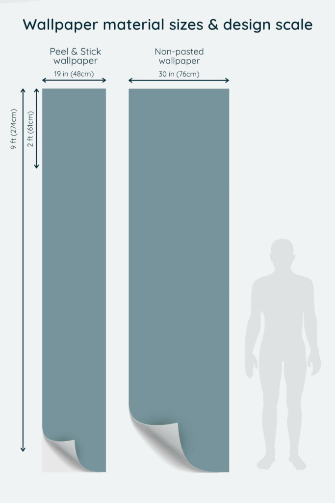 Size comparison of Dusty Blue Solid Color Peel & Stick and Non-pasted wallpapers with design scale relative to human figure