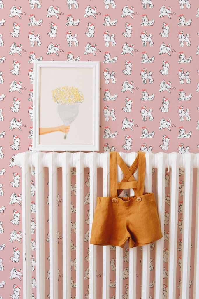 Poodle Love wallpaper peel and stick or non-pasted. Fancy Walls self-adhesive or traditional cute pink puddle dogs wallpaper.