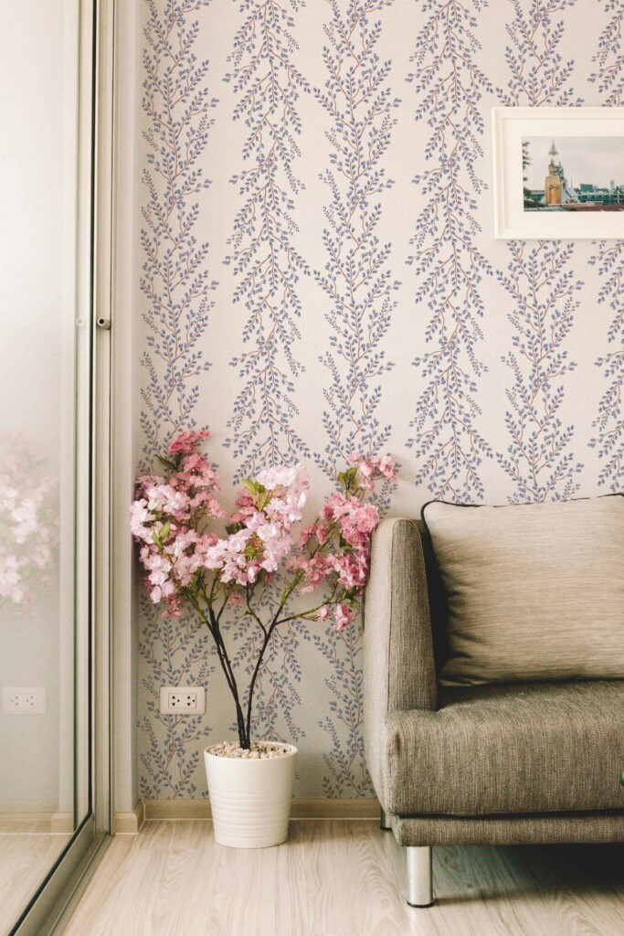 Modern farmhouse style living room decorated with Easter branch peel and stick wallpaper