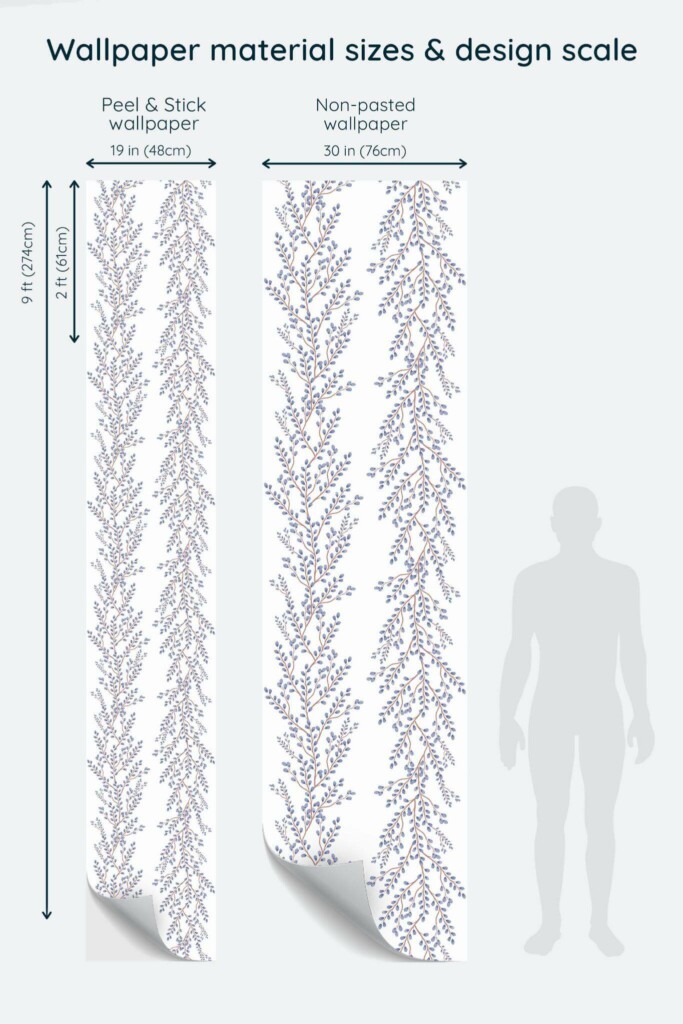 Size comparison of Easter branch Peel & Stick and Non-pasted wallpapers with design scale relative to human figure