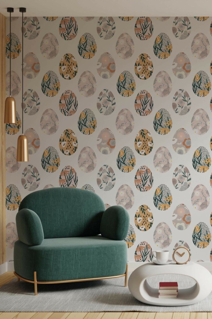 Contemporary style living room decorated with Easter Egg peel and stick wallpaper