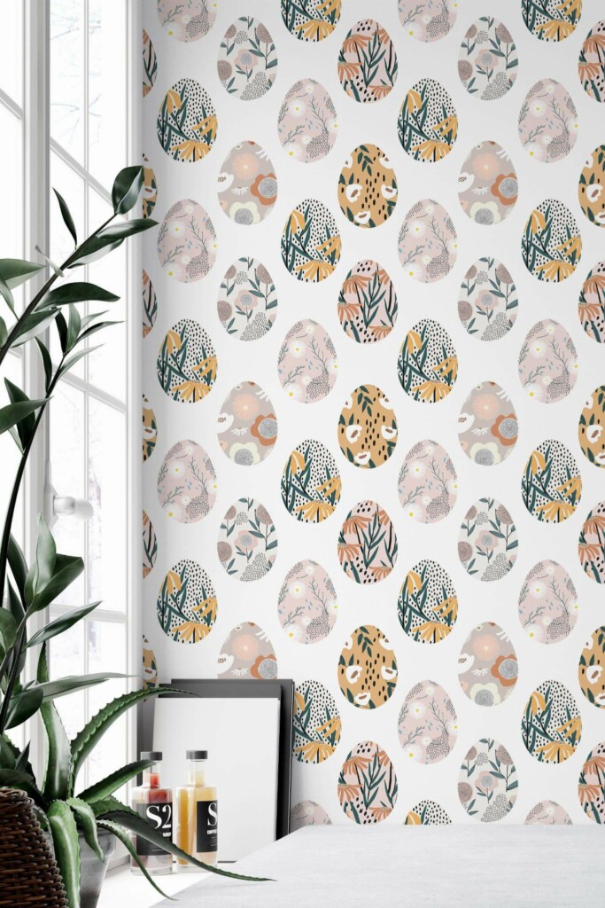 Minimal style home office decorated with Easter Egg peel and stick wallpaper
