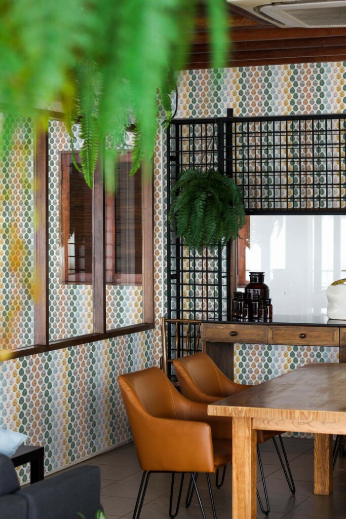 Mid-century modern style dining room decorated with Easter Eggs peel and stick wallpaper and black industrial accents