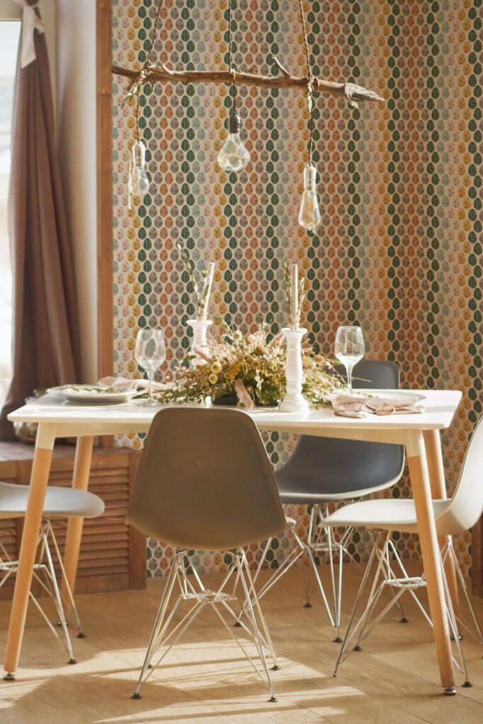 Modern boho style dining room decorated with Easter Eggs peel and stick wallpaper