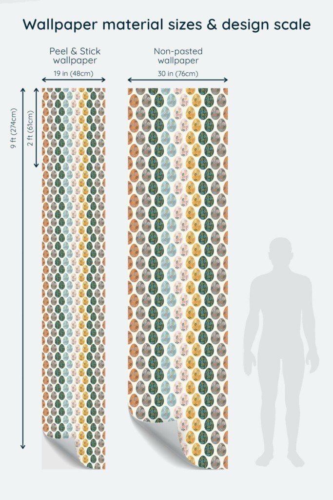 Size comparison of Easter eggs Peel & Stick and Non-pasted wallpapers with design scale relative to human figure