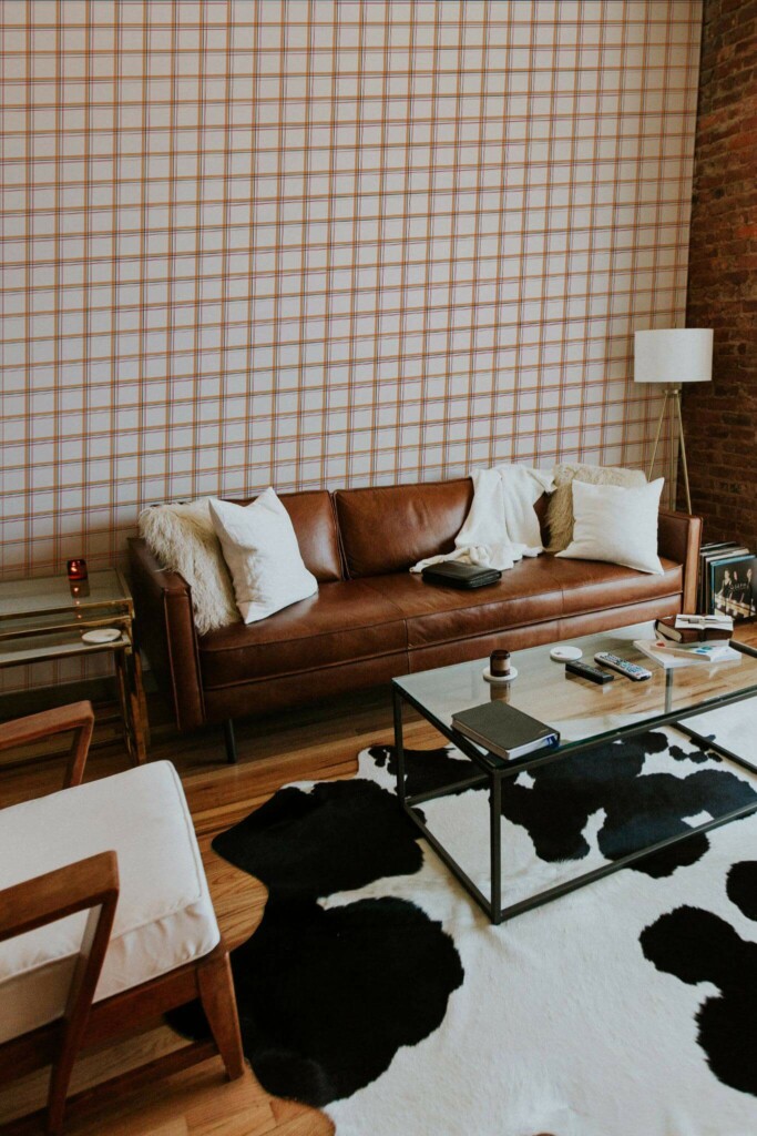 Mid-century modern style living room decorated with Eclectic plaid peel and stick wallpaper