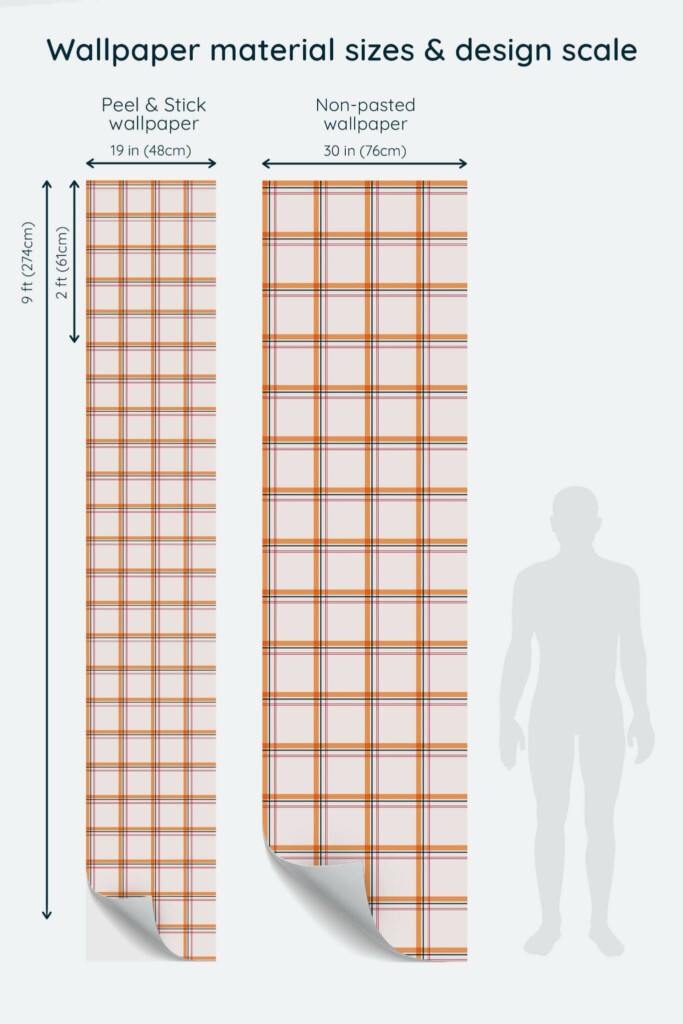 Size comparison of Eclectic plaid Peel & Stick and Non-pasted wallpapers with design scale relative to human figure