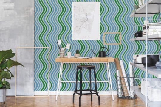 wavy line blue and green traditional wallpaper