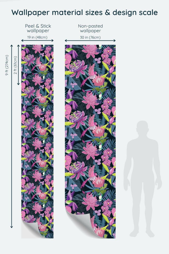 Size comparison of Eclectic tropical Peel & Stick and Non-pasted wallpapers with design scale relative to human figure