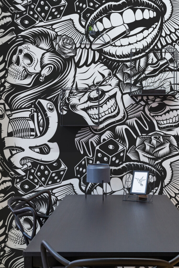 Removable wall mural featuring chaotic tattoo graffiti elements in high-contrast black and white, suited for barber shops or creative spaces. The Fancy Walls peel and stick or non-pasted wallpaper.