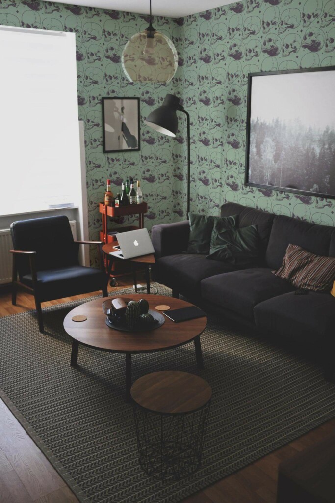 Modern dark industrial style living room decorated with Edgy skull peel and stick wallpaper