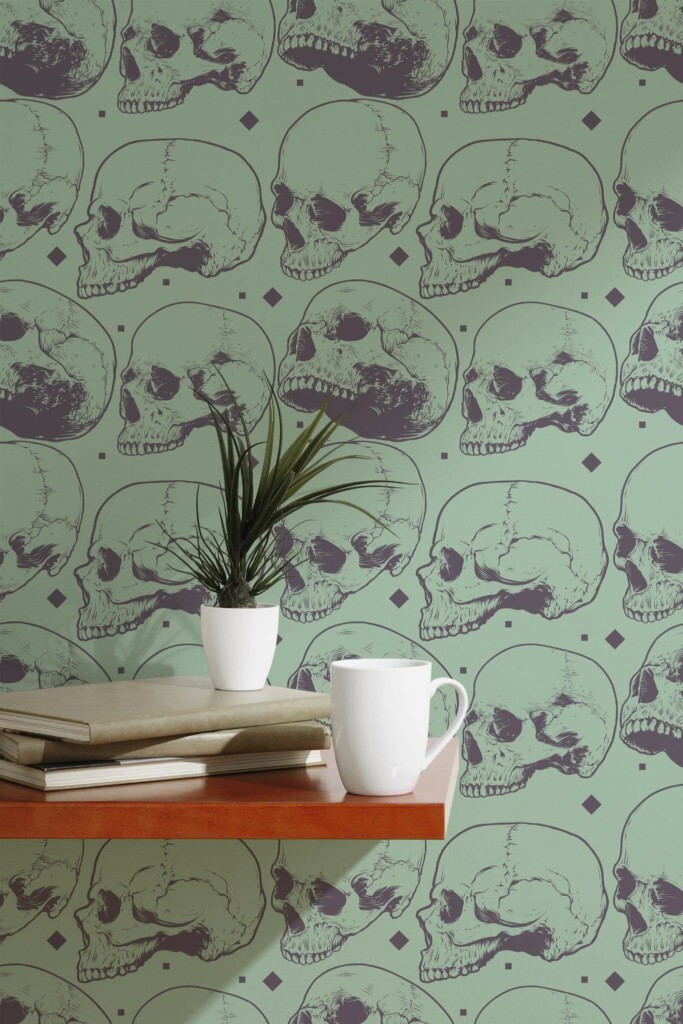Scandinavian style accent wall decorated with Edgy skull peel and stick wallpaper