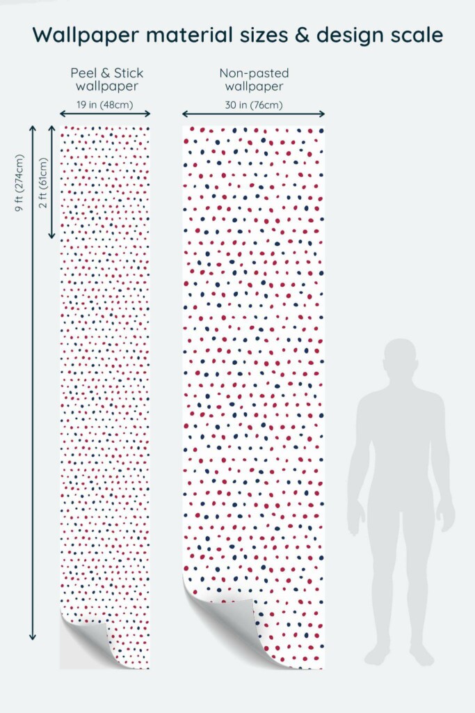 Size comparison of Elegant Freedom Dots Peel & Stick and Non-pasted wallpapers with design scale relative to human figure