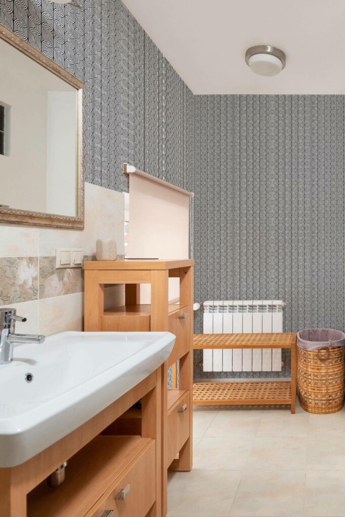 Mid-century modern style bathroom decorated with Elegant geometric peel and stick wallpaper