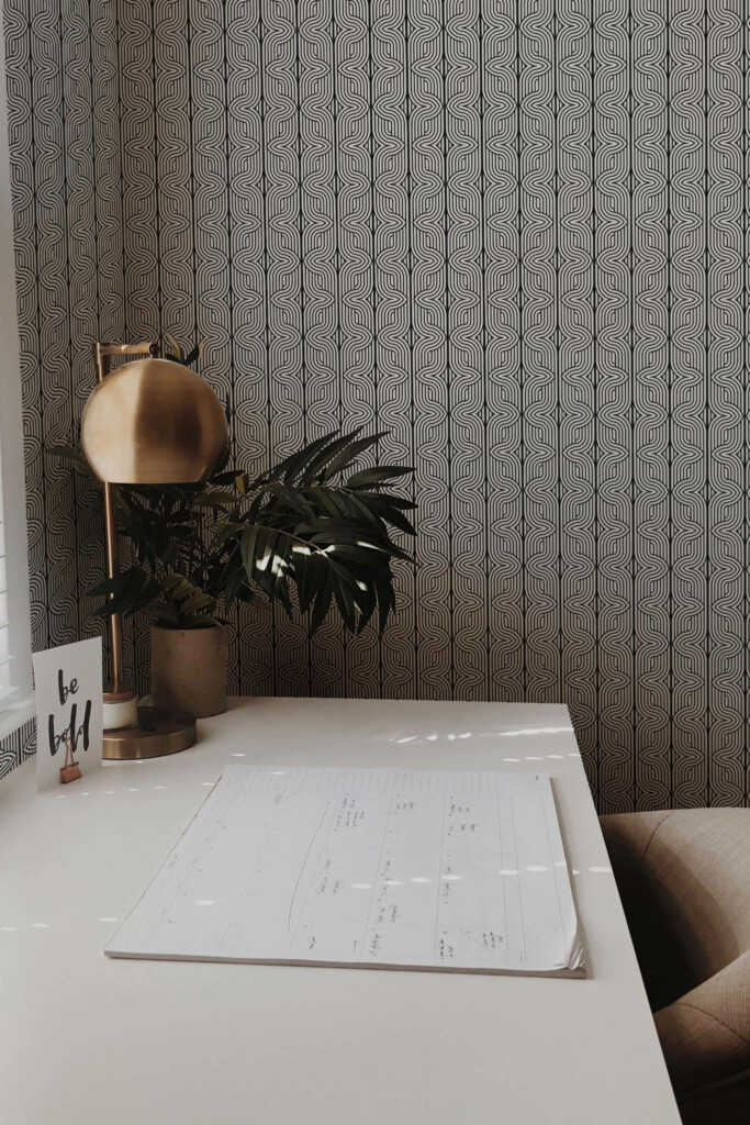 Rustic style home office decorated with Elegant geometric peel and stick wallpaper