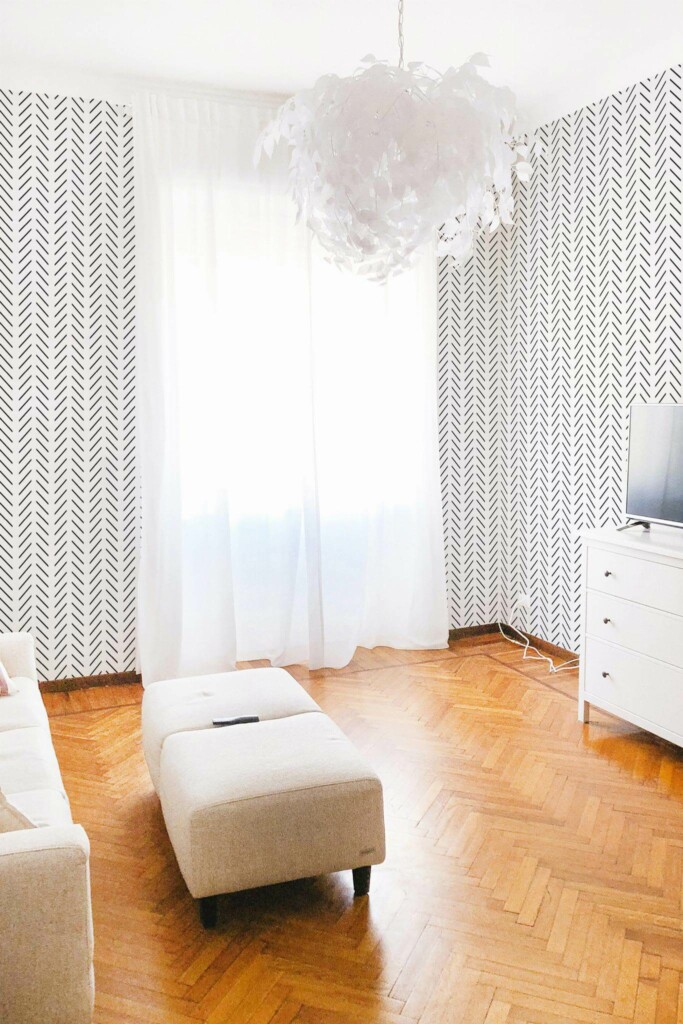 Modern boho style living room decorated with Elegant herringbone peel and stick wallpaper