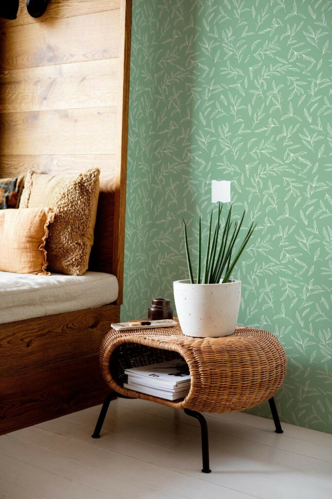 Mid-century modern style bedroom decorated with Elegant leaves peel and stick wallpaper