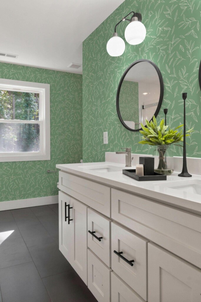 Scandinavian farmhouse style powder room decorated with Elegant leaves peel and stick wallpaper