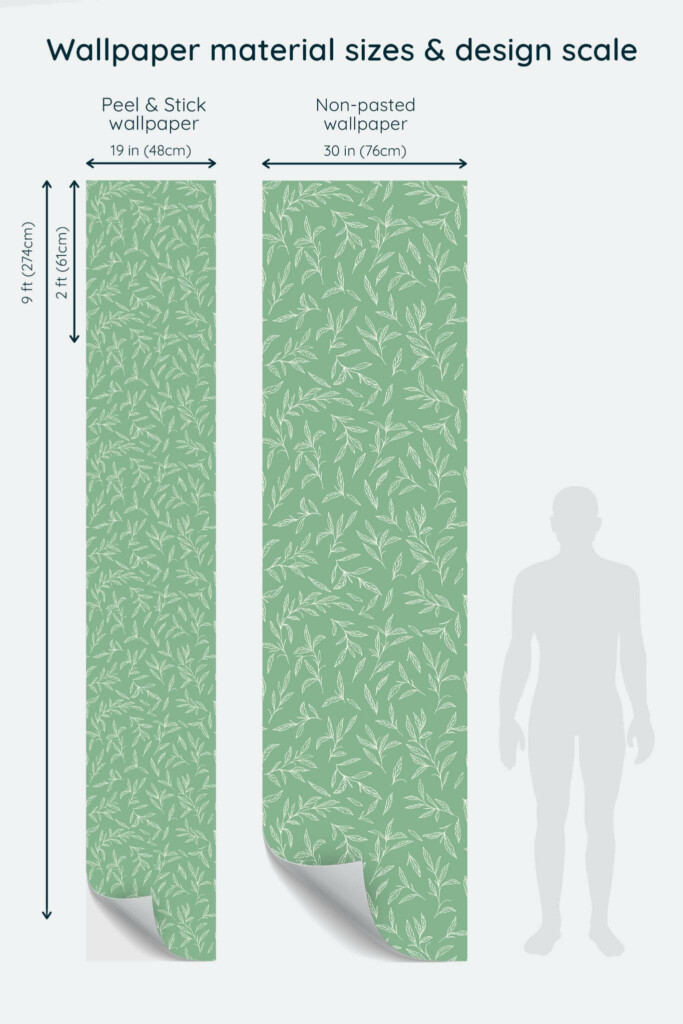 Size comparison of Elegant Leaves Peel & Stick and Non-pasted wallpapers with design scale relative to human figure