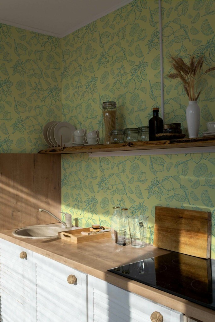 Minimal bohemian style kitchen decorated with Elegant lemon peel and stick wallpaper