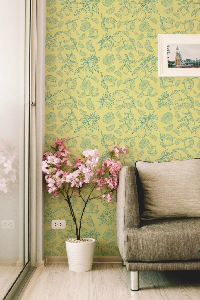 Modern farmhouse style living room decorated with Elegant lemon peel and stick wallpaper