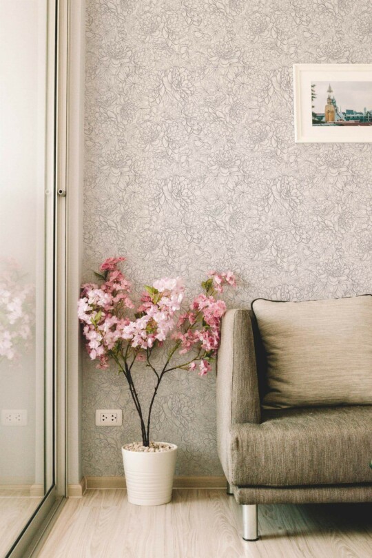 Modern farmhouse style living room decorated with Elegant Peonies peel and stick wallpaper