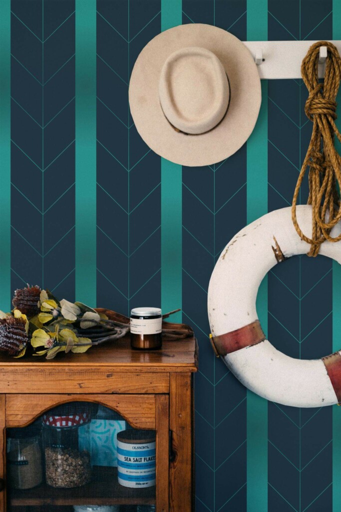 Coastal nautical style living room decorated with Elegant teal herringbone peel and stick wallpaper