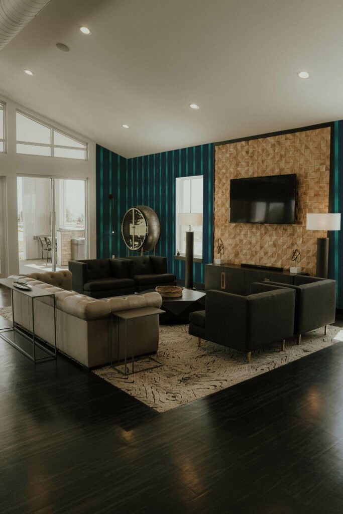 Hollywood glam style living room decorated with Elegant teal herringbone peel and stick wallpaper