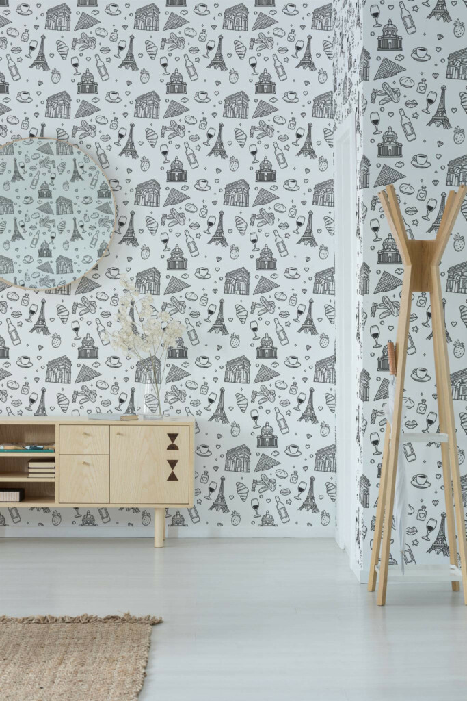 Minimal style entryway decorated with Elements of Paris peel and stick wallpaper