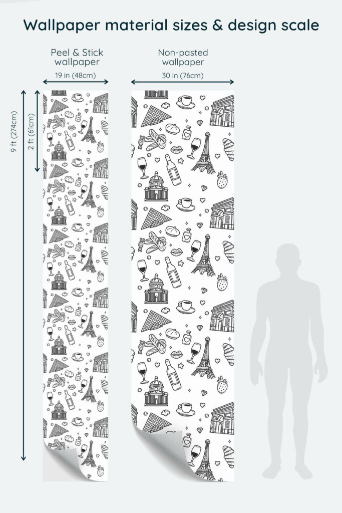 Size comparison of Elements of Paris Peel & Stick and Non-pasted wallpapers with design scale relative to human figure