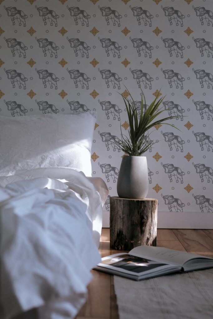 Minimal scandinavian style bedroom decorated with Elephant peel and stick wallpaper