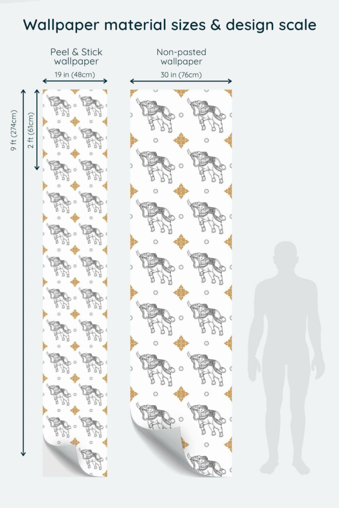 Size comparison of Elephant Peel & Stick and Non-pasted wallpapers with design scale relative to human figure