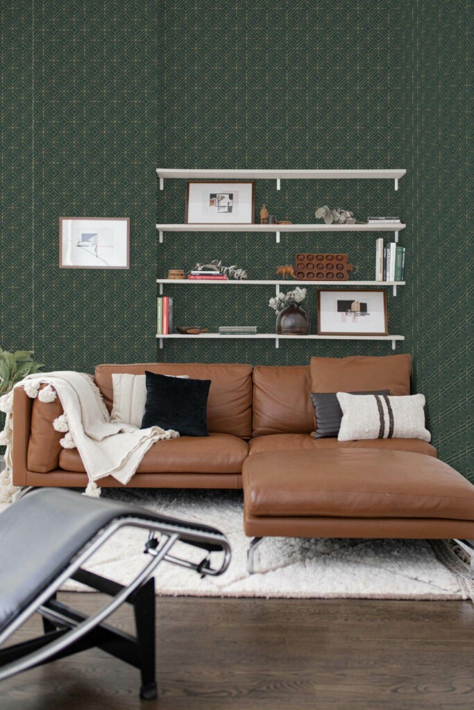 Mid-century modern style dining room decorated with Emerald green geometric peel and stick wallpaper