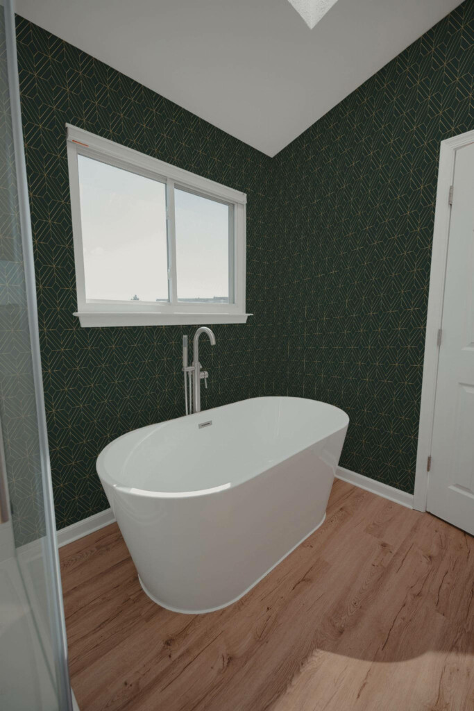 Modern style bathroom decorated with Emerald green geometric peel and stick wallpaper