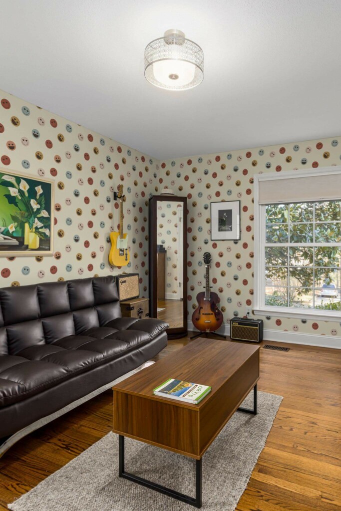 Mid-century style living room decorated with Emoji peel and stick wallpaper and music instruments